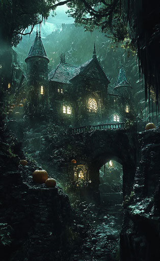 Haunted house with pumpkins, dark fantasy artwork