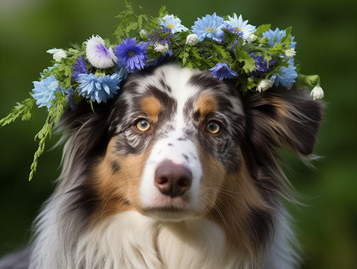 Australian shepherd dog with blue floral wreath on head