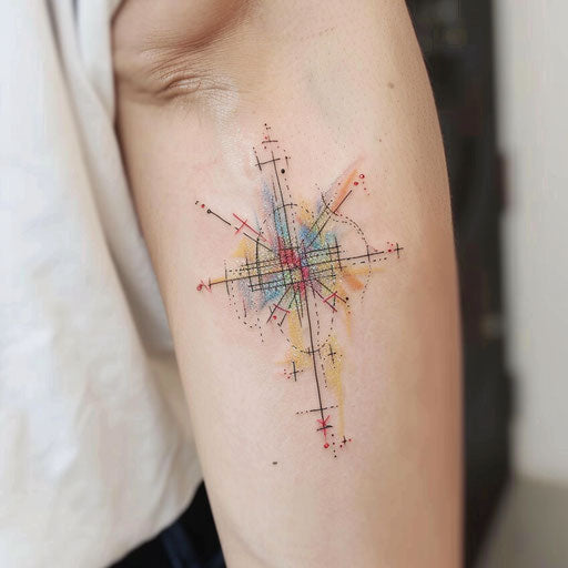 Delicate and minimalist tattoo sketch of a cross stitch with pastel colors in watercolor style
