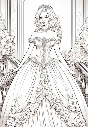 Barbie in her white dress, rococo style, captivating