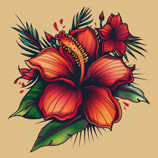 Exotic clipart style flat tattoo sketch of a Hawaiian flower with rich, tropical jungle hues and intricate details