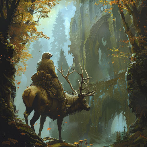 An epic scene of a sloth riding a majestic stag through an enchanted, fog-laden forest