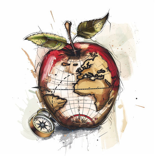 Adventurous tattoo sketch of an apple with map and compass