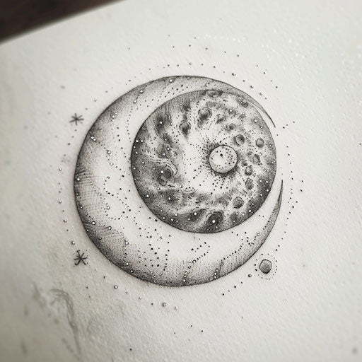 Dotwork tattoo pattern of a moon with stars in a spiral formation on a white base