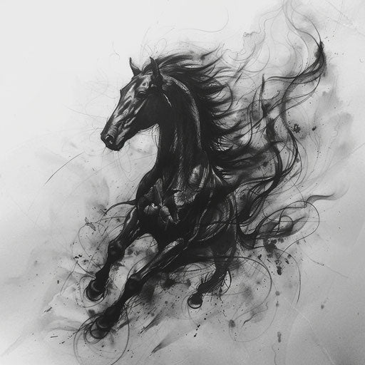 Dynamic flat tattoo sketch of a galloping dark horse with abstract smoke trails