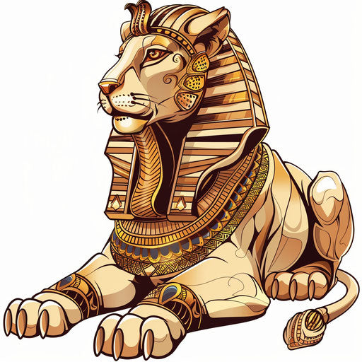 Exotic flat tattoo sketch of an Egyptian sphinx, sandy beige and gold, clipart design