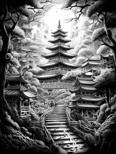 Contemporary Japanese Buddhist temple, dark romantic realism