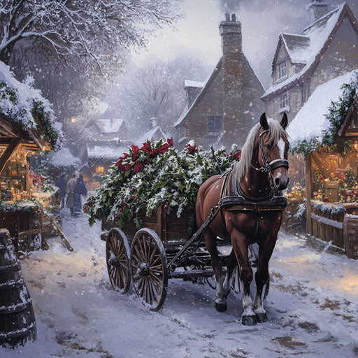Frosty morning with horse pulling wagon filled with fresh holly and mistletoe through snowy market