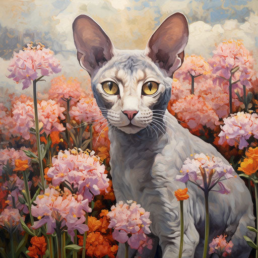 Cornish Rex cat in a field of flowers