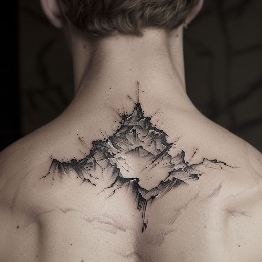 Abstract mountain range tattoo on the back neck