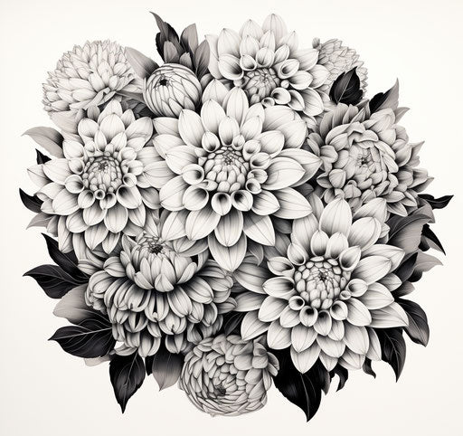 Black and white dahlia flowers, drawn with pen in love style