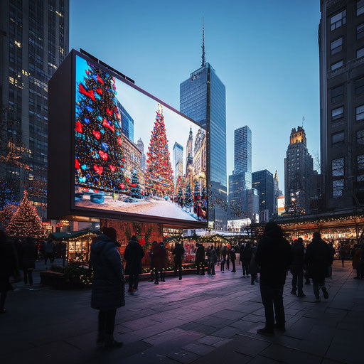 Animated Christmas messages on digital billboard in busy city