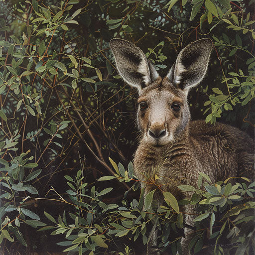 Western grey kangaroo peeking from behind a bush