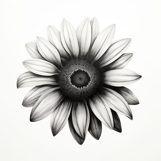 Black and white sunflower drawing, warmcore, cottagepunk style
