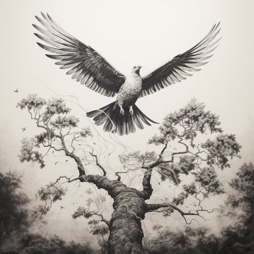 Dove flying with tree branch in black and white