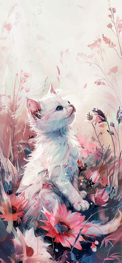 White kitten sitting among flowers, colorful ink wash style