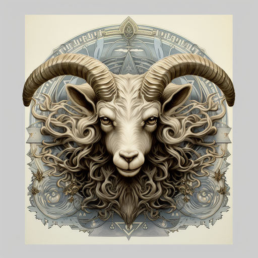 Goat on beige poster blackwork style, flowing surrealism