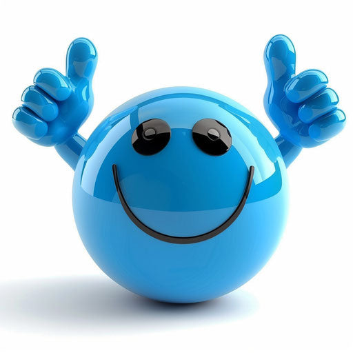 Blue ball with smiling face and pointing fingers