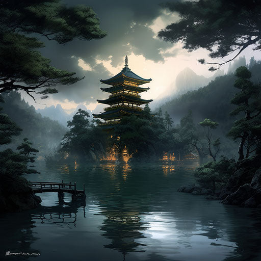 Japanese pagoda floating on a lake with trees