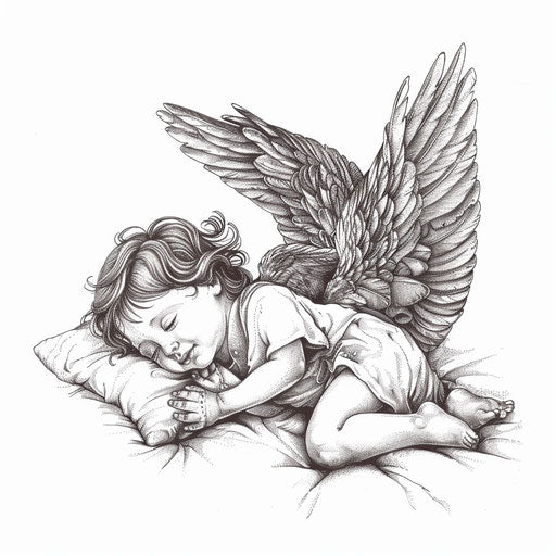 Guardian angel watching over a sleeping child, tender tattoo details on white background