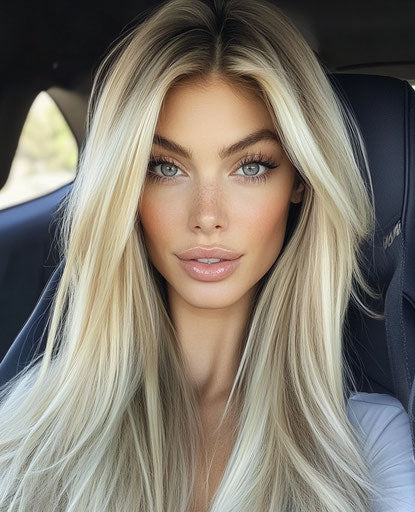 The beautiful woman with blond hair above the shoulders