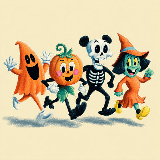 Cheerful Halloween Characters in Retro Cartoon Style
