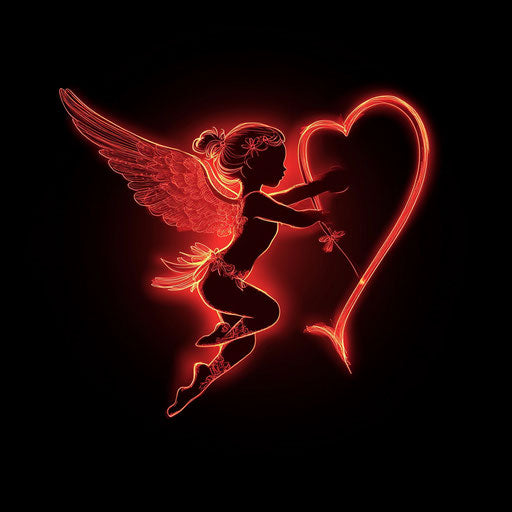 Red silhouette of Cupid with heart and bow