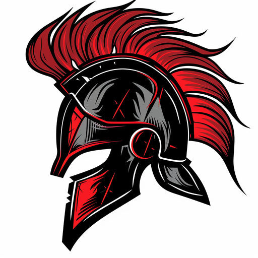 Stylized Spartan helmet in black and red flames on white