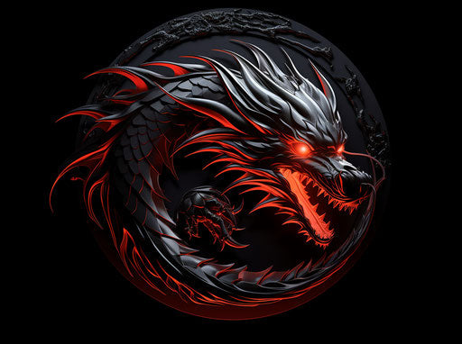 Red dragon logo on black background, screen printing style