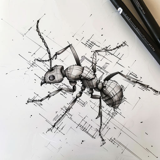 Modern drawing of ant with digital pixel art details