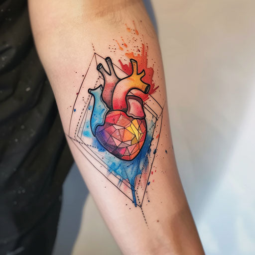 Geometric heart tattoo with sharp angles and vivid colors