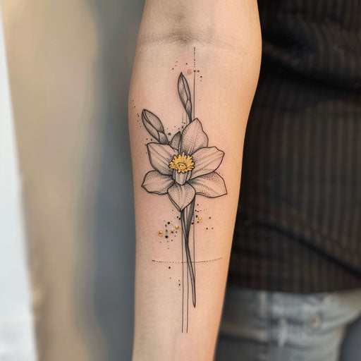 Contemporary minimalistic tattoo of a Narcissus with a splash of gold foil detail on a white background.