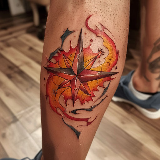 Nautical star tattoo fiery theme red orange yellow white