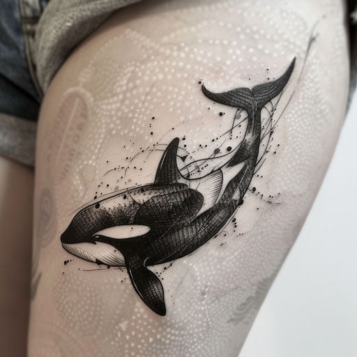 Elegant tattoo sketch of an orca whale, styled with delicate fine lines and pastel shades