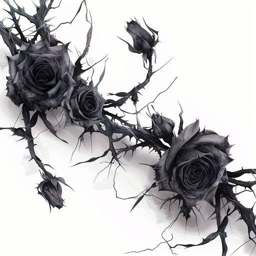 Gothic vine tattoo with dark roses on white background