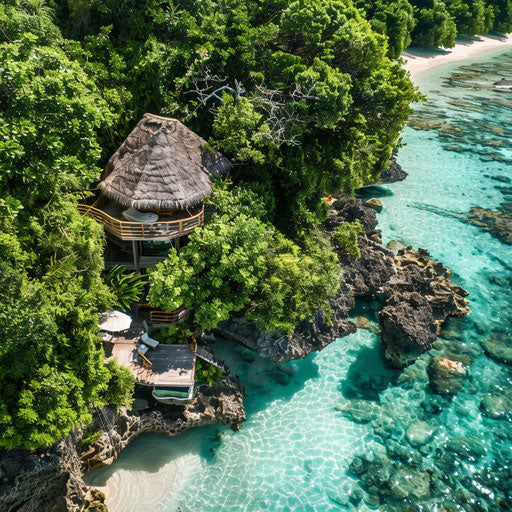 Aerial view of a beach cabana with lush surroundings and clear waters