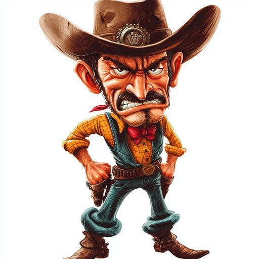 Humorous caricature of a cowboy with exaggerated human traits