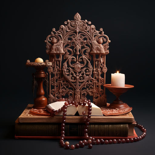 Arabic book and rosary on a throne, light maroon and brown style, sculpted