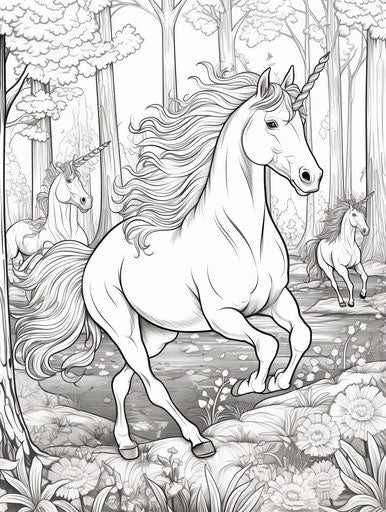 Unicorn running in a forest coloring pages for adults