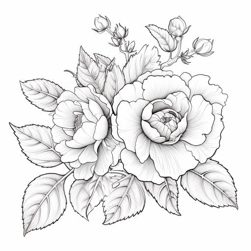 Rose coloring pages with leaves and berries, chicano style