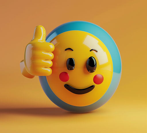 Positive expression, blue shirt, thumbs up emoji, smile, auto body style