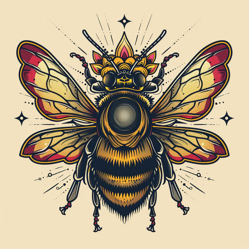 Nostalgic tattoo sketch of a queen bee with a classic cartoon look and bold primary colors in a flat style