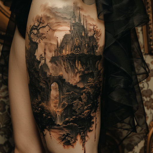 Thigh tattoo, dark and surreal landscapes