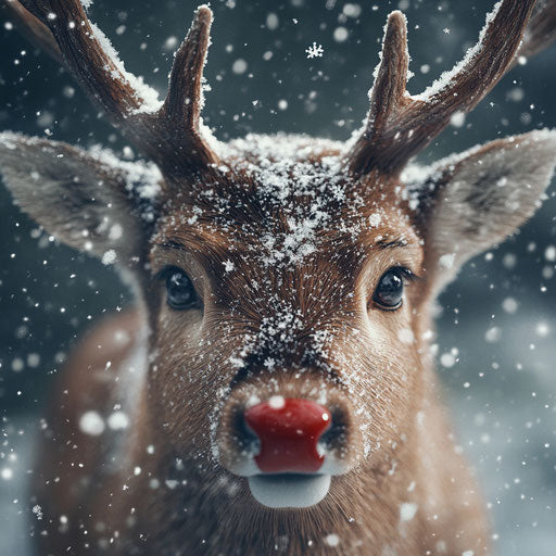 Red-nosed reindeer surrounded by falling snowflakes