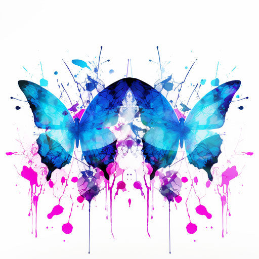 Watercolor butterflies with glitch art style in purple-blue