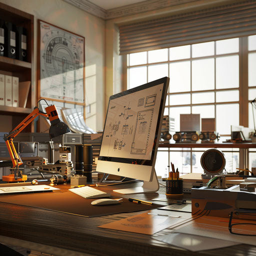 Engineer's office with CAD drawings and prototypes