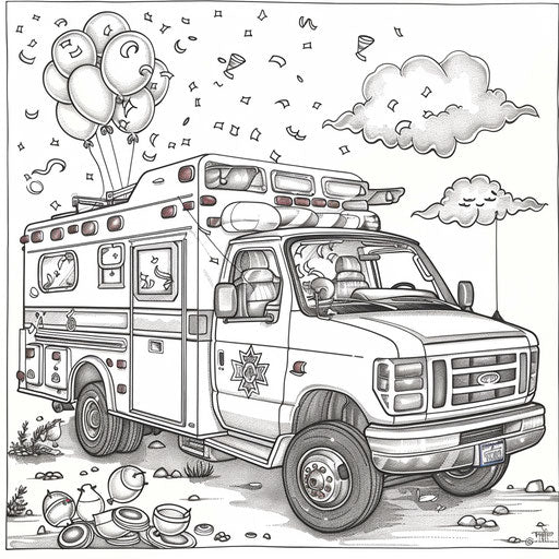Whimsical ambulance decorated with balloons for a parade. Coloring book page