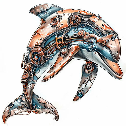 Steampunk dolphin tattoo with mechanical elements and copper tones