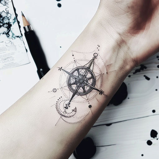 Sailor knot and boat wheel tattoo with minimalistic black lines on white background