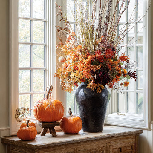 A Vibrant Fall Display with Foliage and Pumpkins